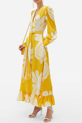 Tropical Floral Puff Sleeve Deep V Beach Vacation Maxi Dress - Yellow