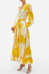 Tropical Floral Puff Sleeve Deep V Beach Vacation Maxi Dress - Yellow