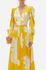 Tropical Floral Puff Sleeve Deep V Beach Vacation Maxi Dress - Yellow