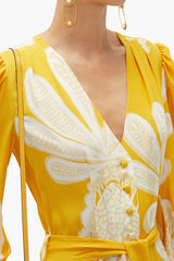 Tropical Floral Puff Sleeve Deep V Beach Vacation Maxi Dress - Yellow