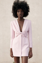 Twist Deep V Long Sleeve Mini Cocktail Party Dress - Pink