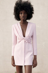Twist Deep V Long Sleeve Mini Cocktail Party Dress - Pink