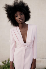 Twist Deep V Long Sleeve Mini Cocktail Party Dress - Pink
