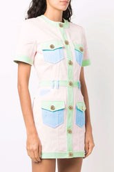 Unique Color Panel Short Sleeve Denim Mini Dress - Pink