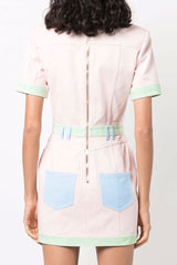 Unique Color Panel Short Sleeve Denim Mini Dress - Pink