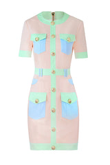 Unique Color Panel Short Sleeve Denim Mini Dress - Pink