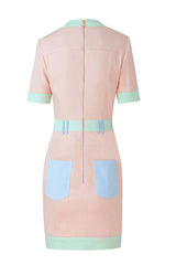Unique Color Panel Short Sleeve Denim Mini Dress - Pink