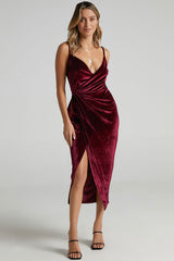 Velvet Spaghetti Strap Deep V High Slit Slip Midi Dress - Burgundy