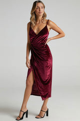 Velvet Spaghetti Strap Deep V High Slit Slip Midi Dress - Burgundy