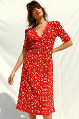 Vibrant Floral Printed Puff Sleeve French Wrap Midi Dress - Red