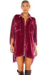 Vintage Bishop Sleeve Button Up Velvet High Low Dress - Burgundy