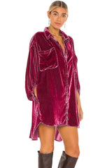 Vintage Bishop Sleeve Button Up Velvet High Low Dress - Burgundy