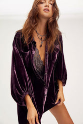 Vintage Bishop Sleeve Button Up Velvet High Low Dress - Purple