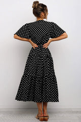 Vintage Polka Dot Belted Short Sleeve Ruffle Maxi Dress - Black