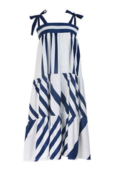 Vocational Striped Square Neck A-Line Summer Midi Sundress - Blue