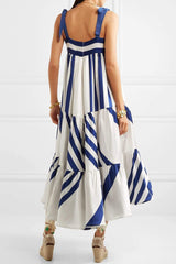 Vocational Striped Square Neck A-Line Summer Midi Sundress - Blue