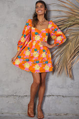 Youthful Floral Puff Sleeve Beach Vacation Mini Dress - Orange