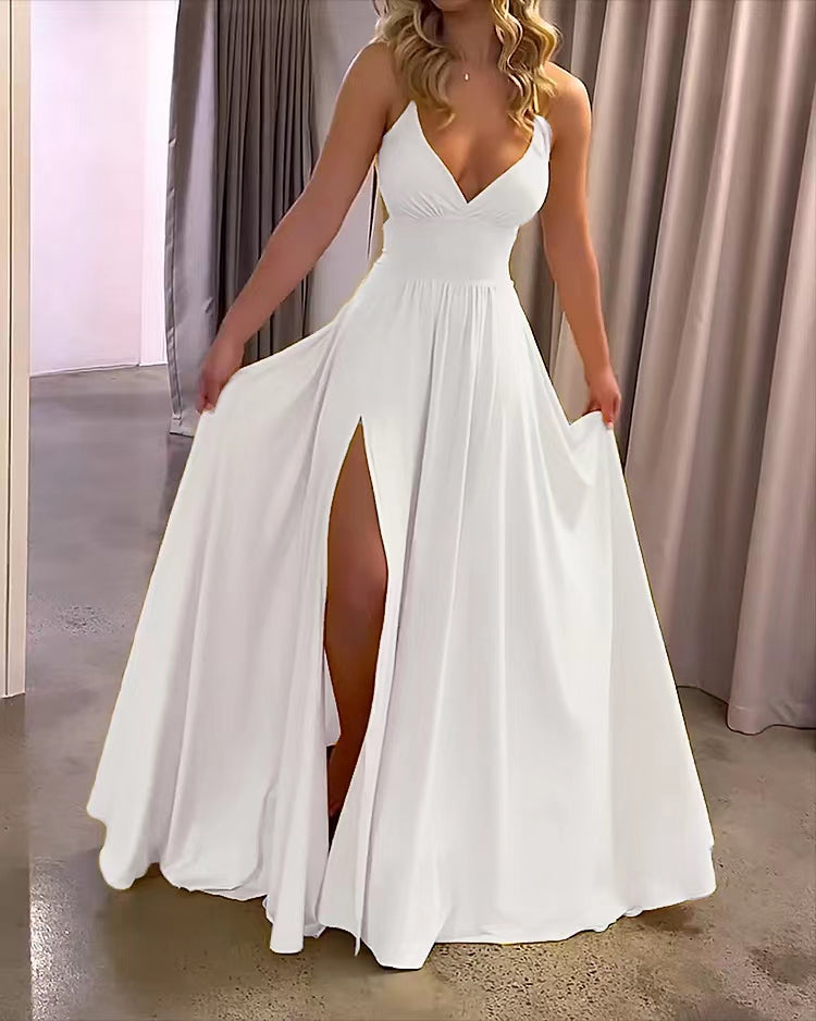 Strap Solid Color Slit Dresses