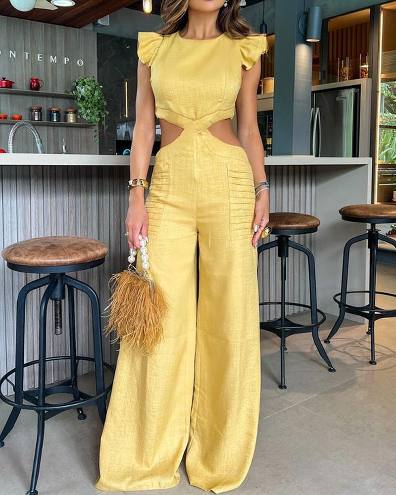 Solid color flying sleeve cutout waist jumpsuit wide leg pants