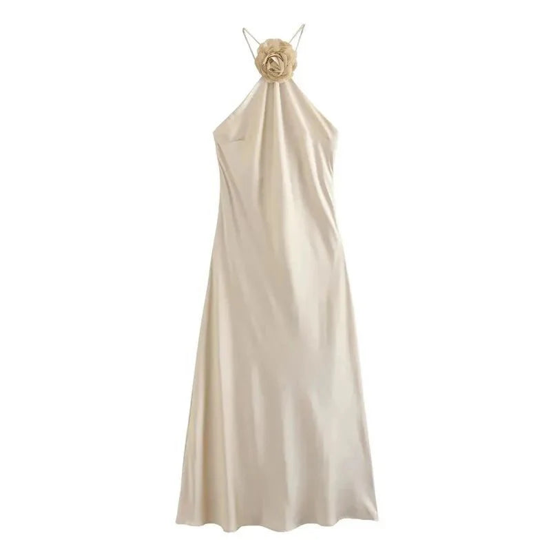 3D Flower Halter Off-the-Shoulder Satin Dress