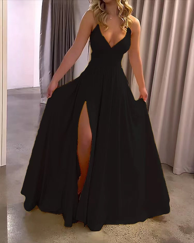 Strap Solid Color Slit Dresses