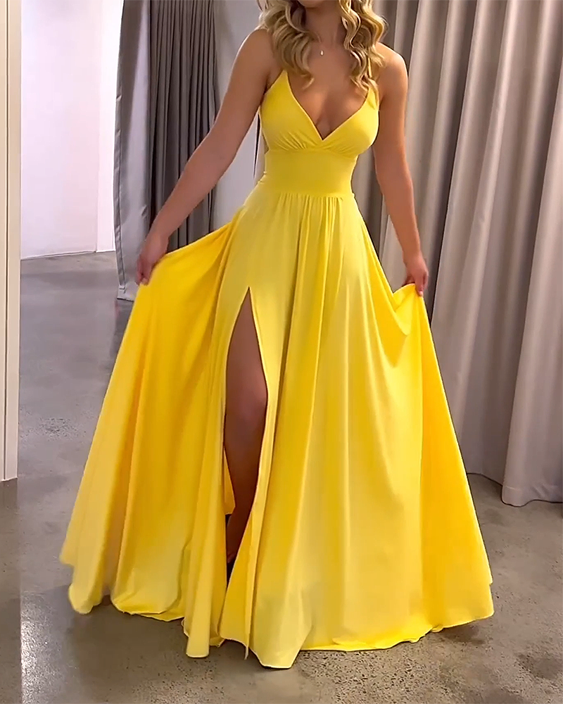 Strap Solid Color Slit Dresses