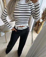 Striped Sweater Top & High Waist Casual Pants Two-piece Set