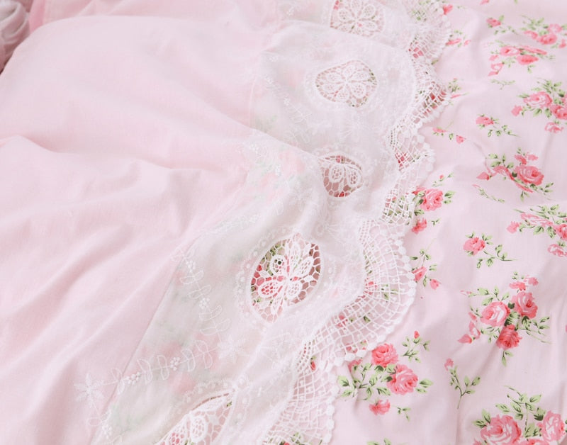 Korean style fresh garden flower bedding set dream princess cotton lace bedskirt ruffles pillowcase duvet cover set HM03A