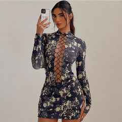 Samona Mesh Lace Up Mini Dress