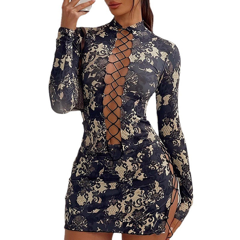 Samona Mesh Lace Up Mini Dress