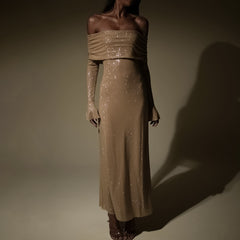 Off Shoulder Diamante Maxi Dress - Chocolate