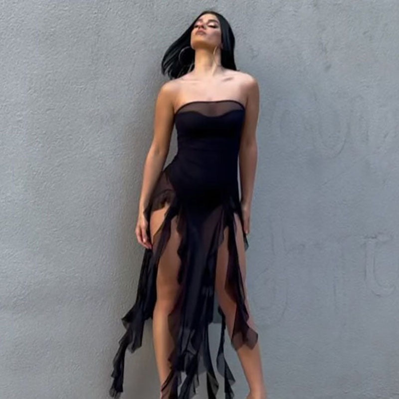 Tube Top See-Through Net Stitching Jellyfish Lace Dress