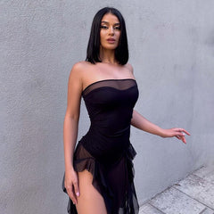 Tube Top See-Through Net Stitching Jellyfish Lace Dress