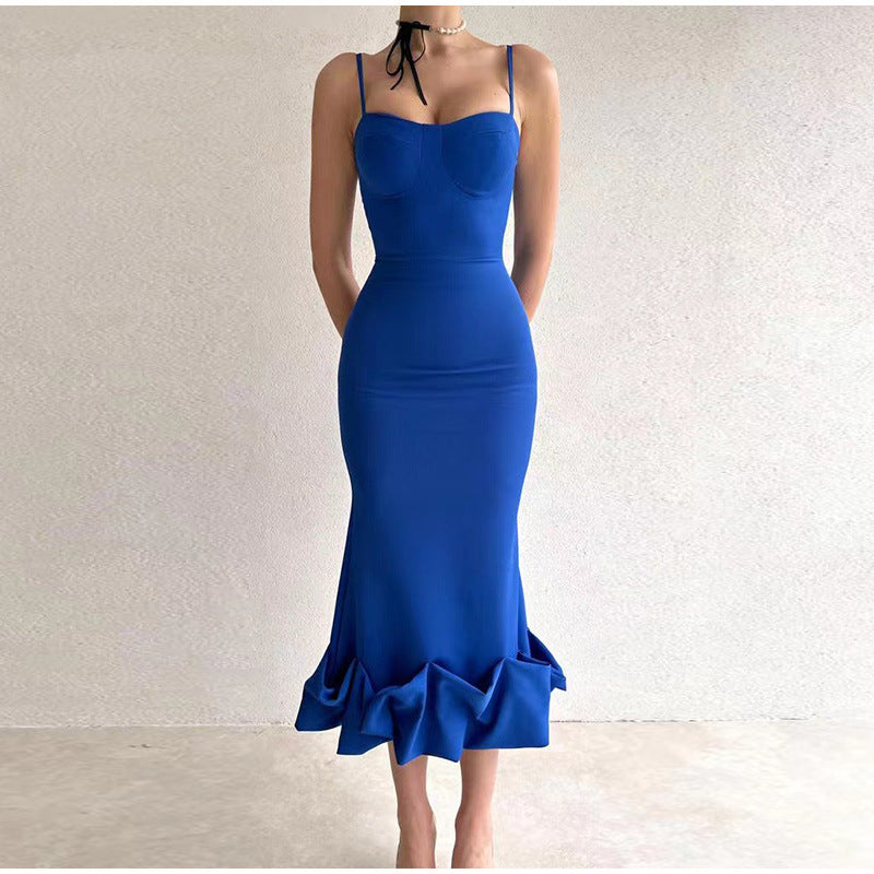 Trendy V-Neck Ruched Ruffles Hem Midi Dress