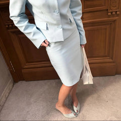 Blue Solid Suit Jacket And Skirt Set