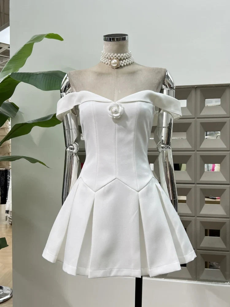 White Off Shoulder Flowers A-line Mini Dress