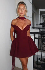 Burgundy Off-shoulder Mini Dress