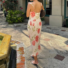 White Printed Ruffles Trim Maxi Dress