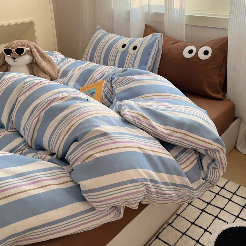 Korean Bed Linen Bedding Sets Stripes Duvet Cover Set Quilt Cover Bed Sheet Quilt Sets Queen Size INS Blogger Comforter Sets