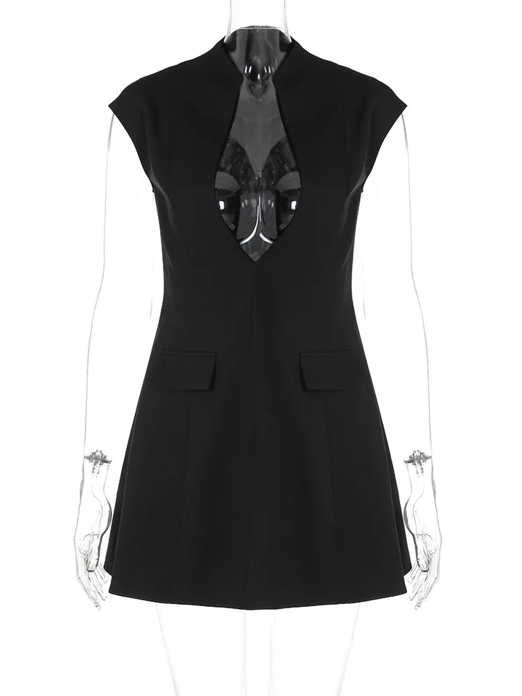 Black Deep Neck Short Sleeve Mini Dress