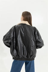 Faux Leather Lining Bomber Jacket