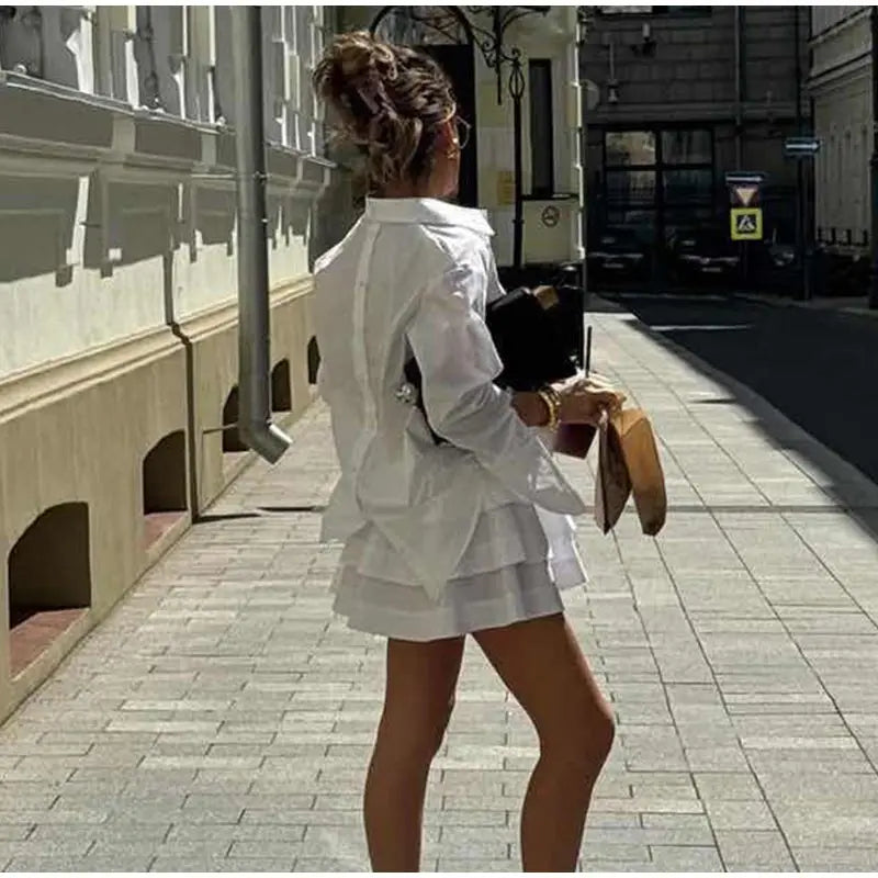 White Collar Shirt And Frill Mini Skirt Set