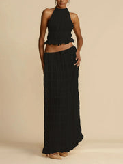 Halterneck Ruched Open Back Tie Up Top And Maxi Skirt Set