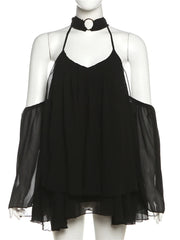 Frill Off-shoulder Long Sleeve Chocker Mini Dress