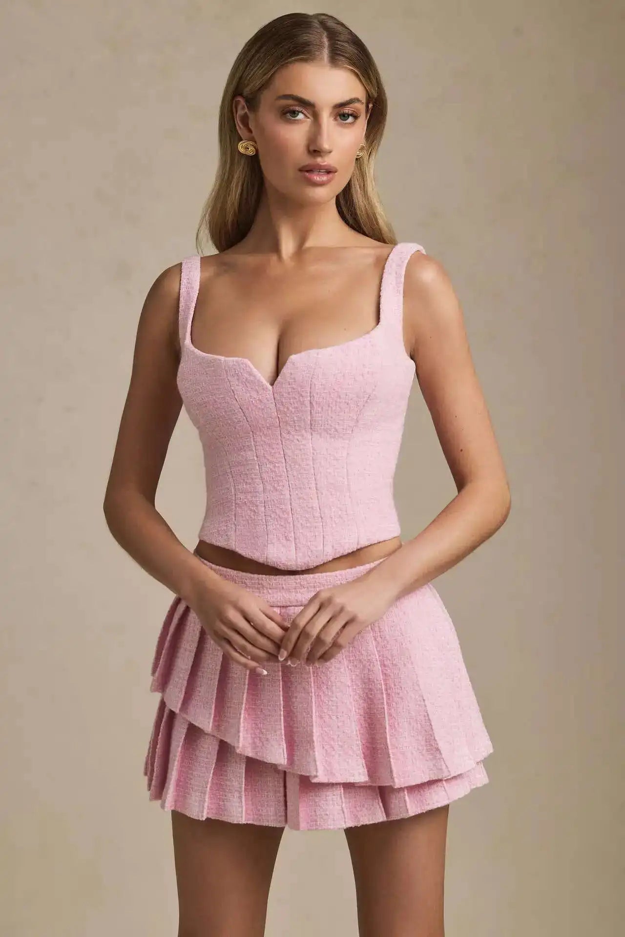 Solid Back Lace Up Crop Top And Pleated Frill Mini Skirt Set