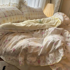 Korean Princess Duvet Cover Set Skin Friendly Wash Cotton Bedding Set Of Four Pieces Lace Bedin Set Bed Sheets Comforter Cover
