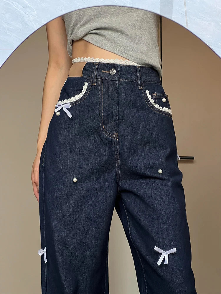 Lace Bow Patchwork Wide Leg Jeans