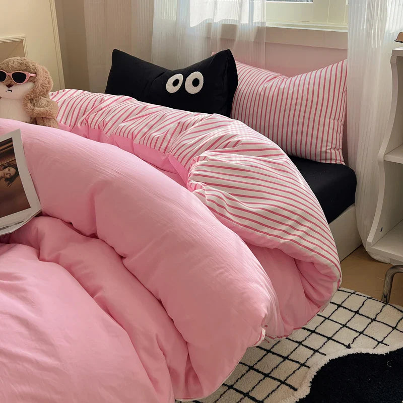 Korean Bed Linen Bedding Sets Stripes Duvet Cover Set Quilt Cover Bed Sheet Quilt Sets Queen Size INS Blogger Comforter Sets