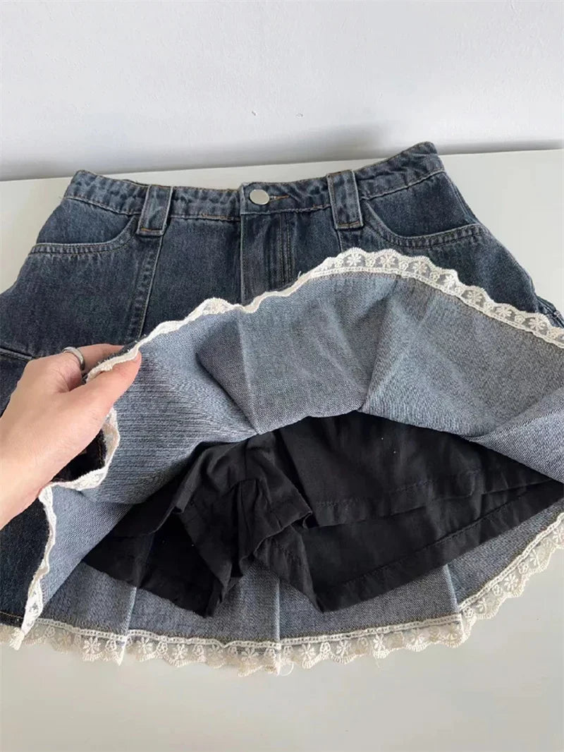 Lace Patchwork High Waist Pleated Denim Mini Skirt