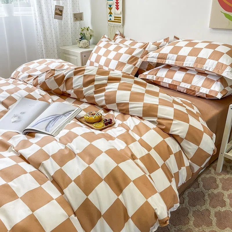 Nordic Pink Black Checkerboard Duvet Cover Sets With Pillow Case Bed Sheet Kids Girls Bedding Sets King Queen Twin Kawaii